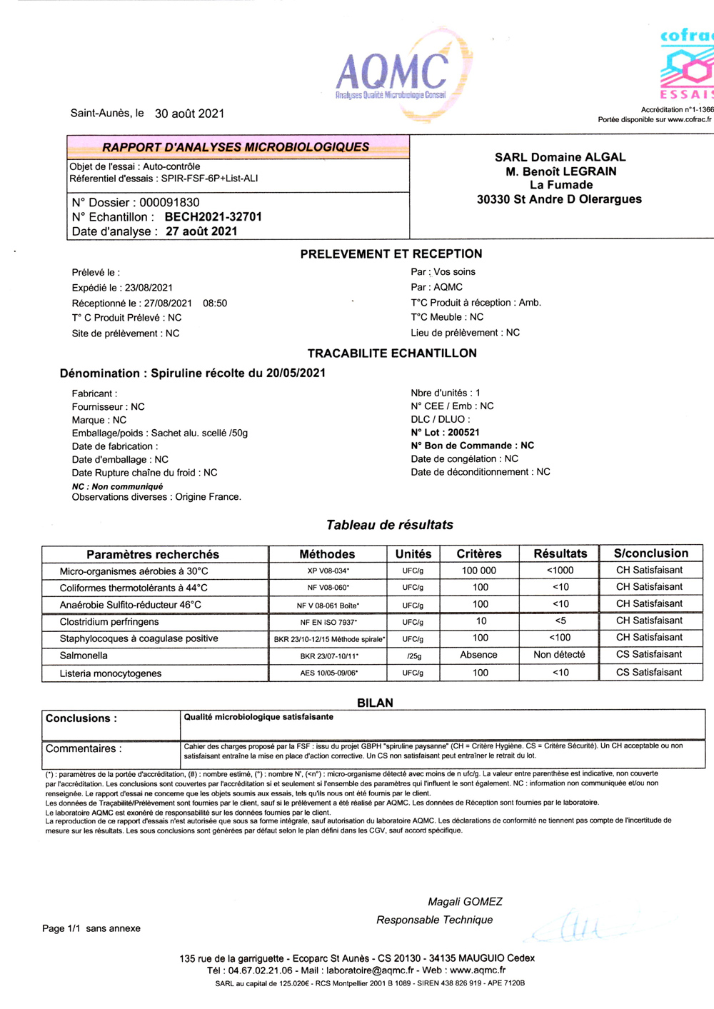 analyses spiruline microbiologie 